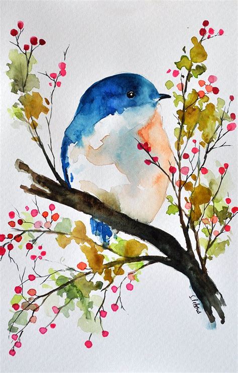 ORIGINAL Watercolor Painting, Bird in a spring tree, Bird art 6x9.5 Inch | Watercolor paintings ...