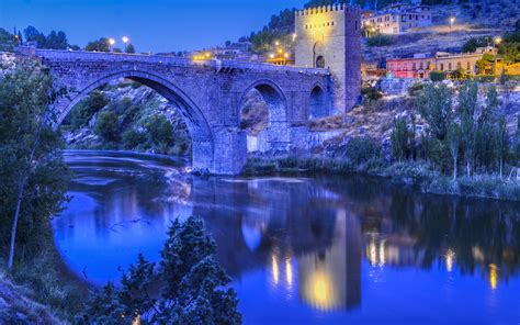 Toledo, Spain, river, bridge, evening, lights, hillside house wallpaper | travel and world ...