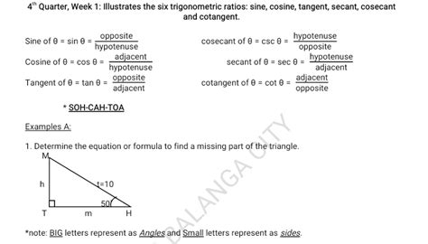 Solved: 4^(th) Quarter, Week 1: Illustrates the six trigonometric ratios: sine, cosine, tangent ...