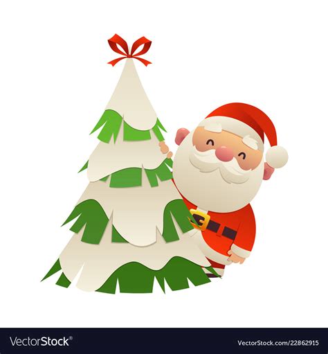 Cute cartoon santa claus behind christmas tree Vector Image