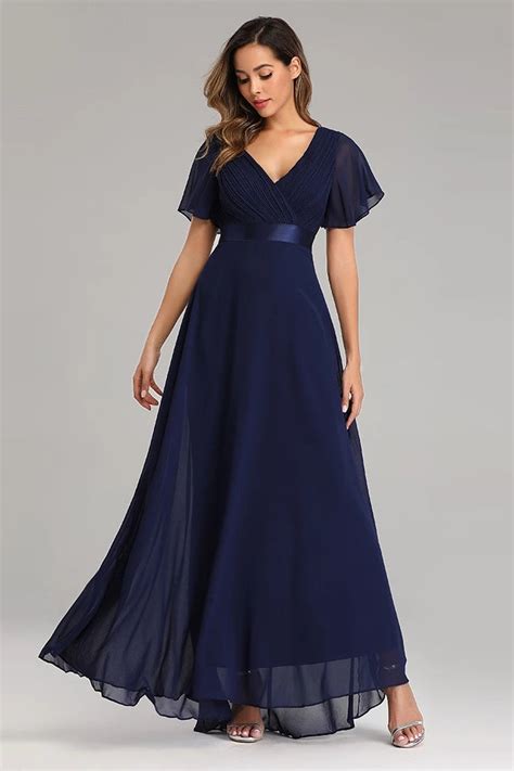 Flowy Chiffon Dark Navy Blue Prom Dresses V Neck Short Sleeve Long ...