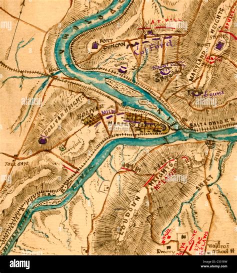 Map of Harper's Ferry Virginia with troop positions during the USA Civil War, 1863 Stock Photo ...