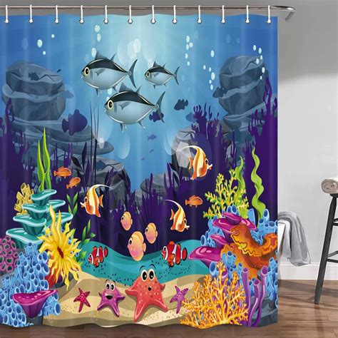 Blue Ocean Tropical Fish Shower Curtain, Underwater Sea Animal Ocean ...