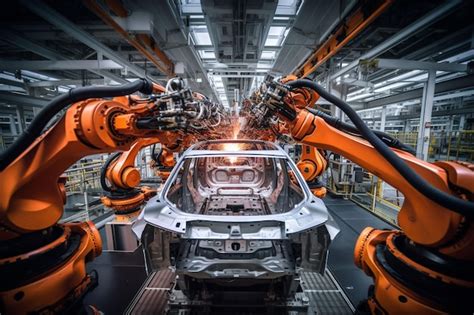 Premium AI Image | Robotic assembly line in an automotive factory