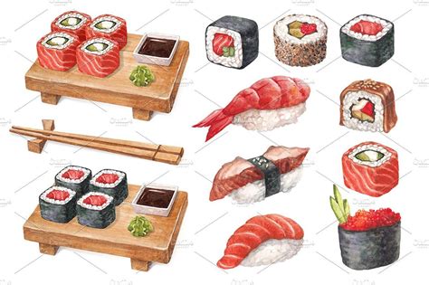 Watercolor illustrations of sushi | Sushi drawing, Watercolor food ...