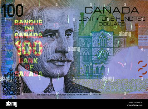 100 Dollars banknote, Sir Robert Borden, prime minister (1911-1920), Canada, 2004 under UV light ...