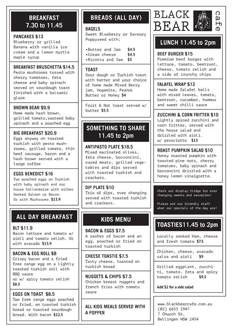 Black Bear Cafe Menu, Menu for Black Bear Cafe, Bellingen, Bellingen ...