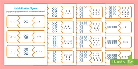 2, 5, 10 Multiplication Matching Puzzle Game Worksheet