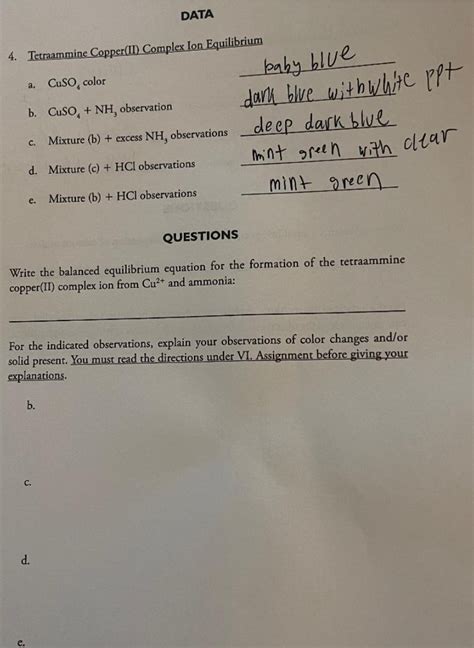 Solved PART 4: Tetraammine Copper(II) Complex lon | Chegg.com