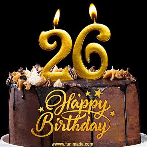 26 Birthday Chocolate Cake with Gold Glitter Number 26 Candles (GIF) | Funimada.com