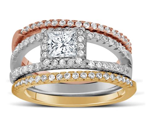 2 Carat Princess cut Tri Color White, Rose and Yellow Gold Trio Wedding Ring Set - JeenJewels