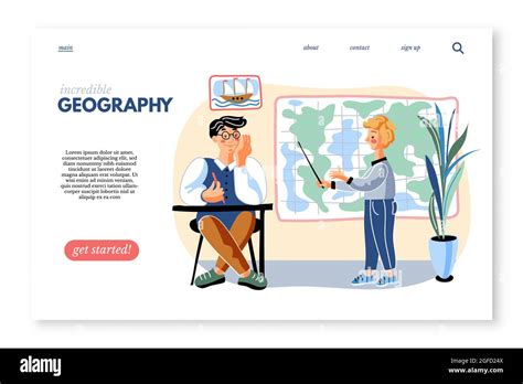 Geography subject vector webpage template. Little schoolkid and young teacher in classroom ...