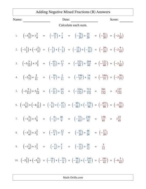 Adding Negative Mixed Fractions with Denominators to Twelfths (B)