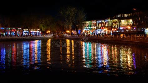 Shichahai Lake, Night View of Colorfully Lit Buildings on the Shores of the Lake Editorial Stock ...