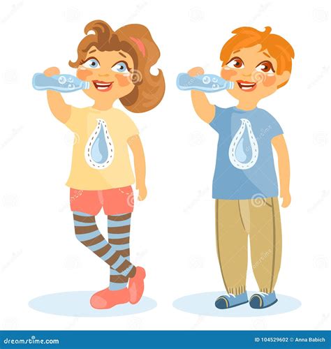 Adorable, Cute Kids, Girl and Boy Drinking Water from Bottles Stock Vector - Illustration of ...