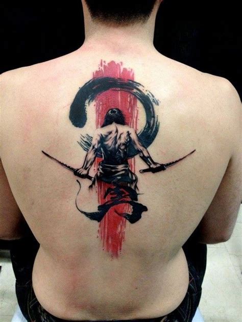 Elegant great black red samurai graphic tattoo on back - Tattooimages.biz