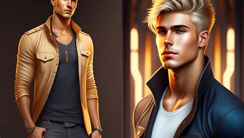 Lexica - Modern bl young man with ash blond hair, plain dark t-shirt and undone jeans, intricate ...