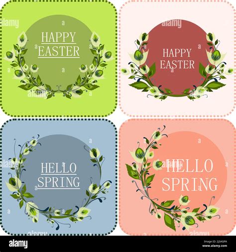 Happy Easter holiday and Hello spring concept in pastel colors cartoon style design. Four ...