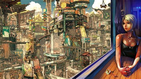 1080P free download | Steampunk anime, table, city, window, girl, steampunk, HD wallpaper | Peakpx