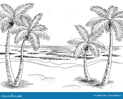 Sea Coast Graphic Beach Black White Landscape Sketch Illustration ...