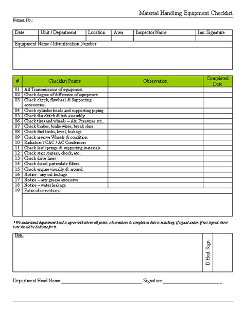 Material handling equipment checklist