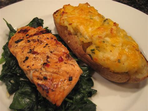 Dinner with the Welches: Grilled Salmon over Garlic Spinach and Cheesy Twice Baked Potato