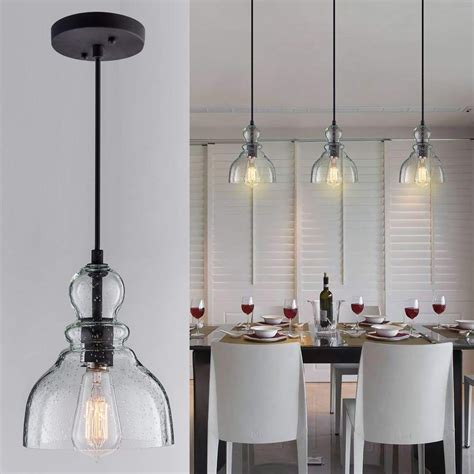 LANROS Industrial Mini Pendant Lighting with Handblown Clear Seeded Glass Shade, Adjustable Cord ...