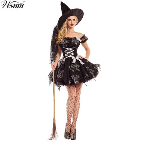 2018 Adult Halloween Black Witch Costume For Women Adult Sexy Rose Pattern Witch Dress Hat ...