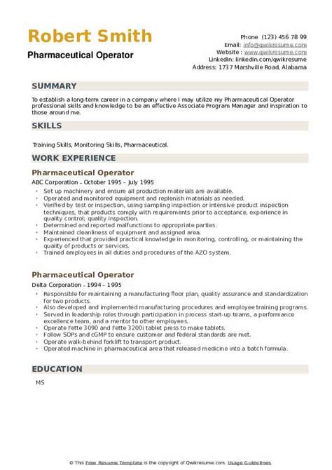 Pharmaceutical Operator Resume Samples | QwikResume