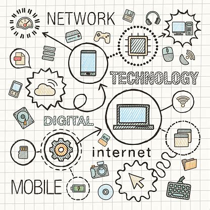 Tecnologia Mão Desenhar Ícones Conjunto Integrado Vetor Desenho Infográfico Ilustração - Arte ...