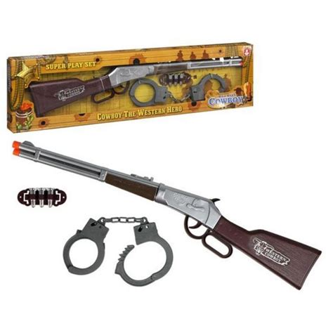 Wild West Cowboy 3 Piece Playset Toy Rifle with Sound, Handcuffs and Belt attachment with 3 Fake ...