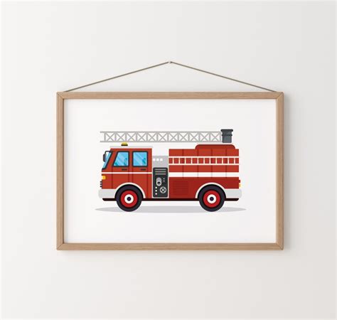 Fire Truck Print, Firetruck Art Print, Transportation Wall Decor, Vehicle Prints, Kids Poster ...