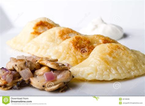 Perogies with Mushrooms and Sour Cream Stock Image - Image of pastry ...