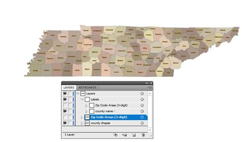 Tennessee 3 digit zip code and county vector map | Printable vector maps