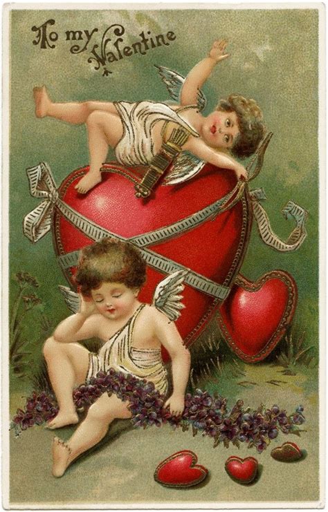 Free vintage clip art valentine postcard cupid cherub red hearts | Vintage valentine cards ...