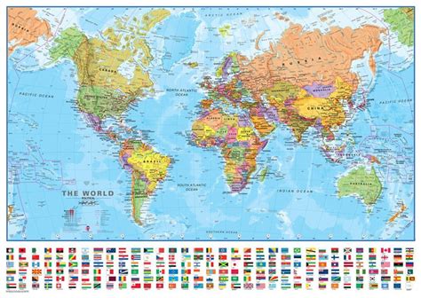 World Wall Map With Flags - 1:40 - Laminated Educational Poster Laminated Poster - 41x29 ...