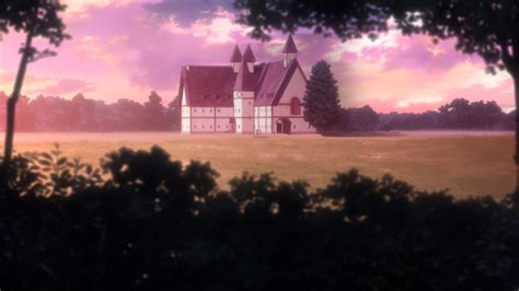 a large white house sitting on top of a lush green field under a purple sky