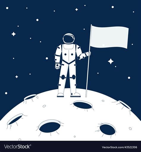 Astronaut standing on moon and holding flag space Vector Image