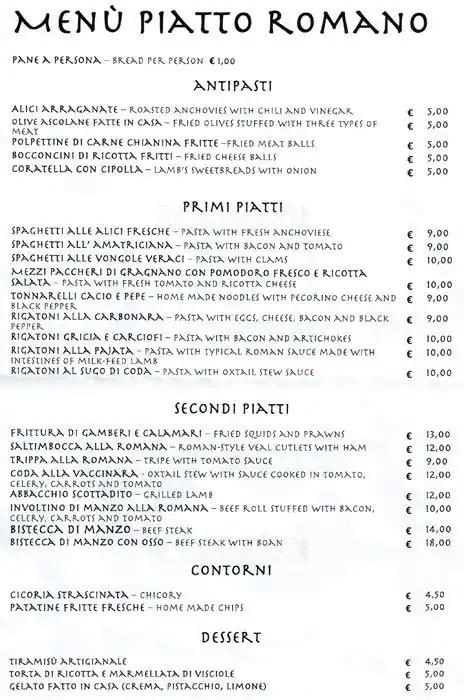 Menu at Piatto Romano restaurant, Rome