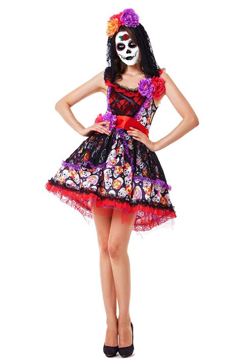 Ladies Day of the Dead Sugar Skull Halloween Fancy Dress Costume ...