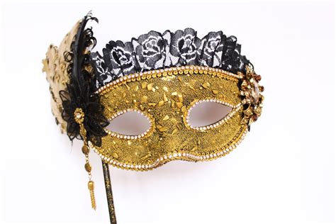 Gold Masquerade Mask for Masked ball Bridal Feather stick mask Mardi Gras fifty shades Wedding ...