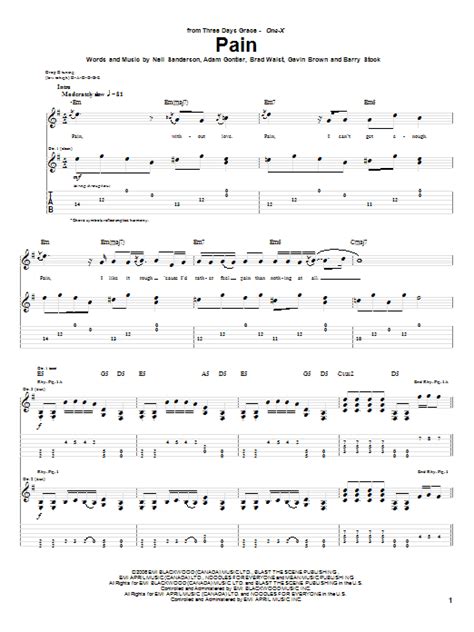 Pain by Three Days Grace Sheet Music for Guitar Tab at Sheet Music Direct