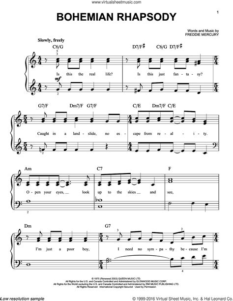 Bohemian Rhapsody, (easy) sheet music for piano solo (PDF) | Easy sheet ...