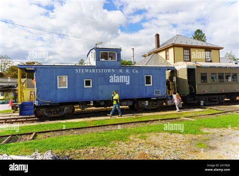 Stewartstown, PA, USA - October 17, 2021: The blue caboose at the ...