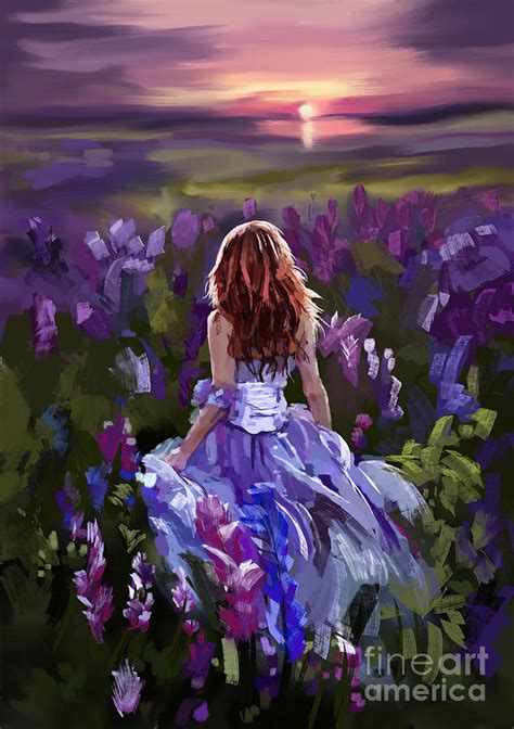 Woman In Purple In A Field Purple Flowers Painting by Tim Gilliland - Pixels