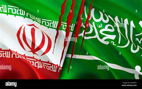 Iran and Saudi Arabia flags with scar concept. Waving flag,3D rendering ...