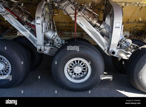 BERLIN, GERMANY - JUNE 23, 2022: Landing gear of military transport ...