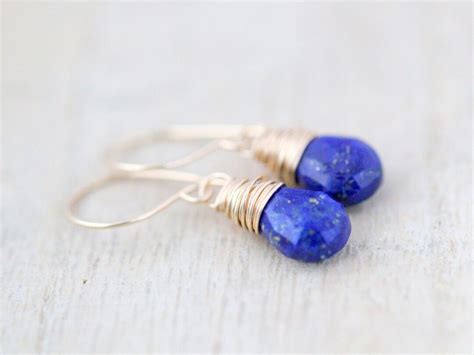 Lapis Dangle Earrings, Lapis Lazuli Gold Earrings, Navy Blue Drop, Wire ...