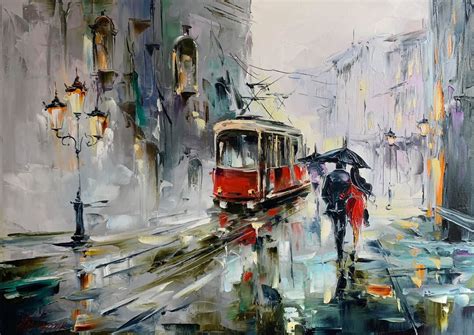 Rainy City Street Painting on Canvas Landscape City Artwork Prague ...