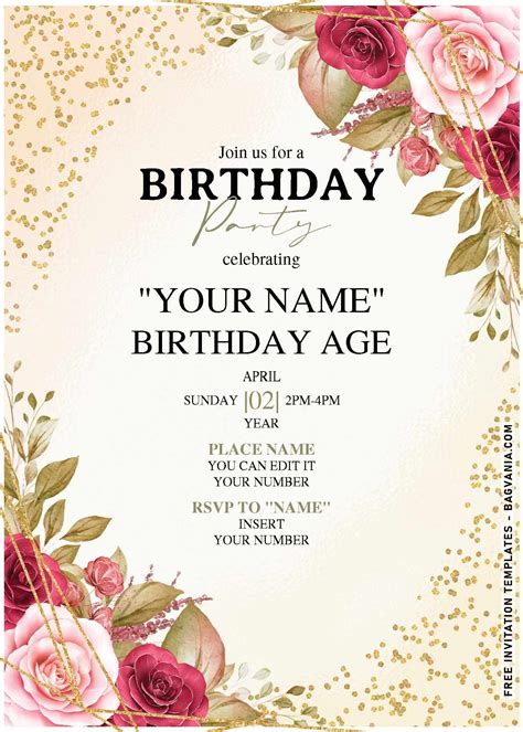 (Free Editable PDF) Champagne Gold Glitter Floral Birthday Inv… | Floral birthday invitations ...